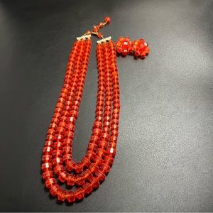 Vintage Hong Kong Faceted Orange Bead Multi Strand Necklace & Clip On Earrings